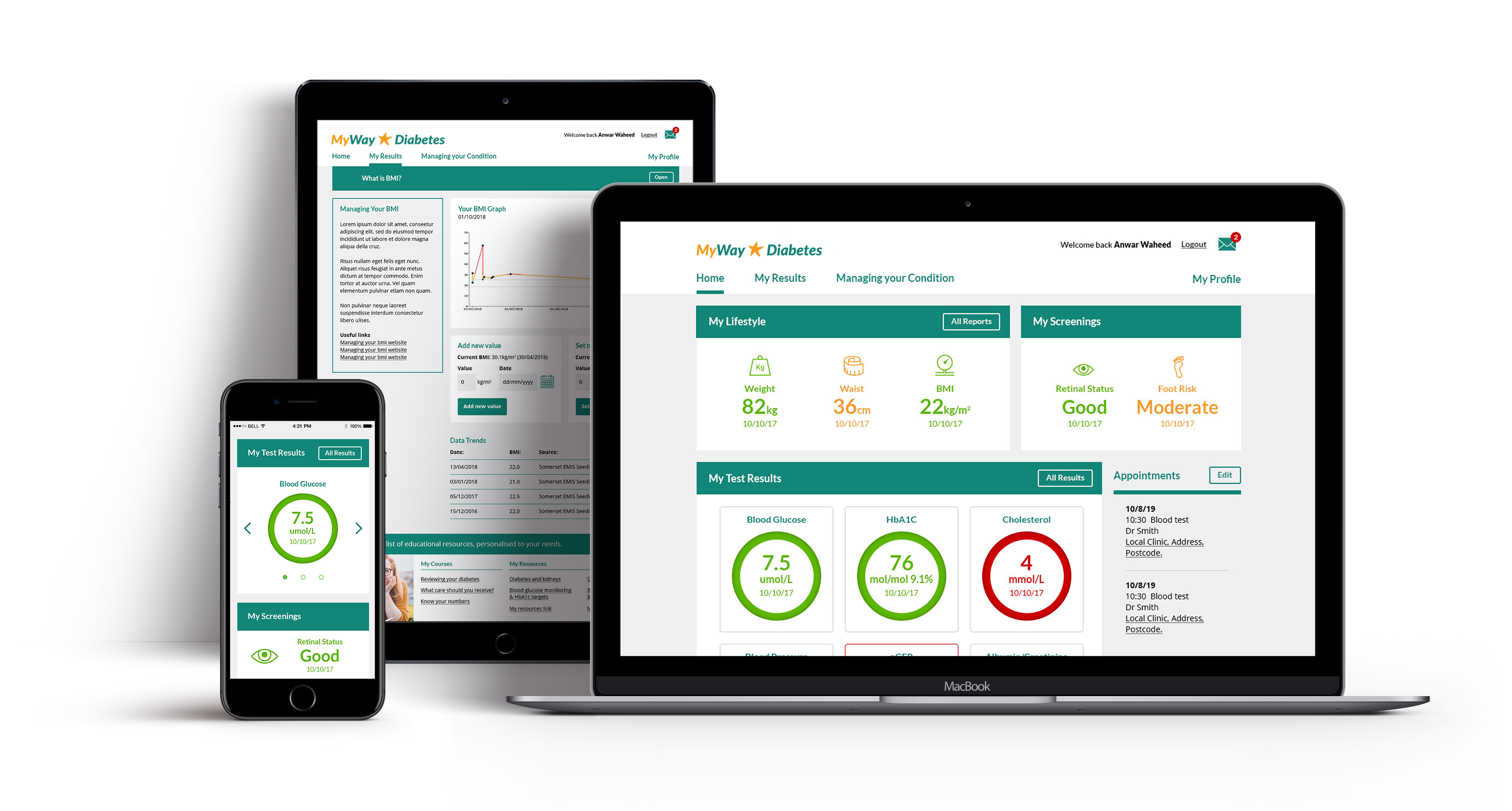 MyWay Diabetes displayed in different devices