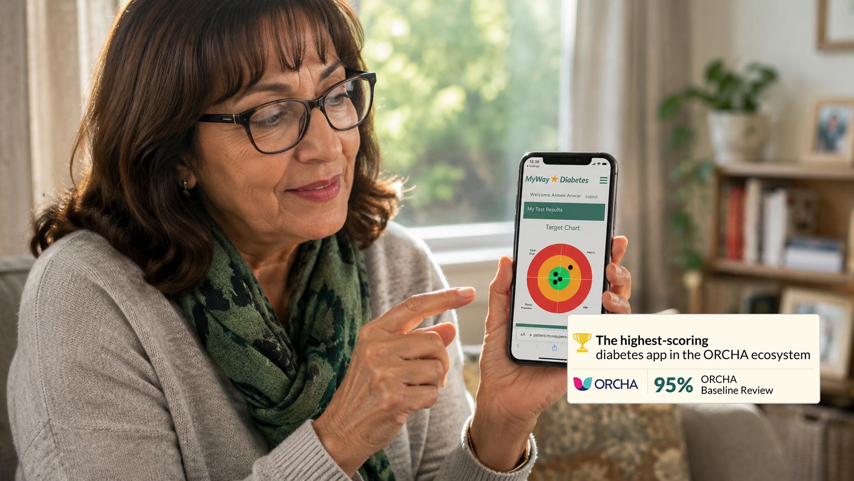 Person using the MyWay Diabetes app in a bright NHS waiting room, demonstrating the app's Target Chart during everyday diabetes self-management.