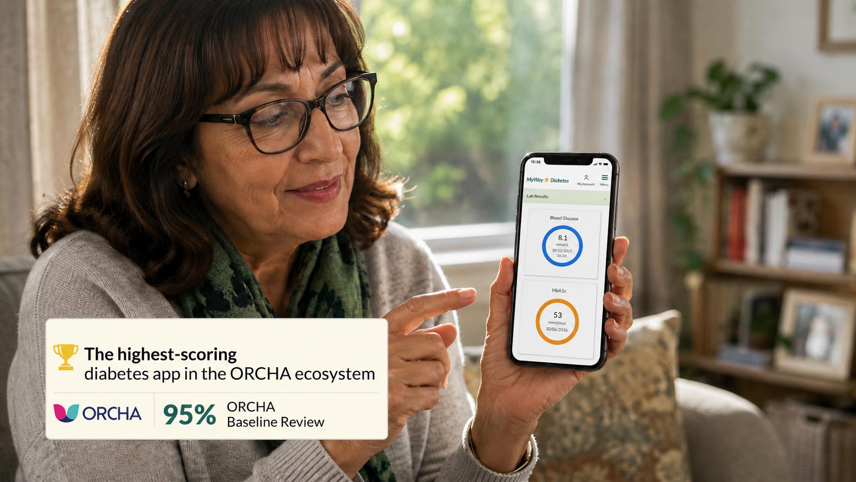 Person using the MyWay Diabetes app in a bright NHS waiting room, demonstrating the app's Target Chart during everyday diabetes self-management.